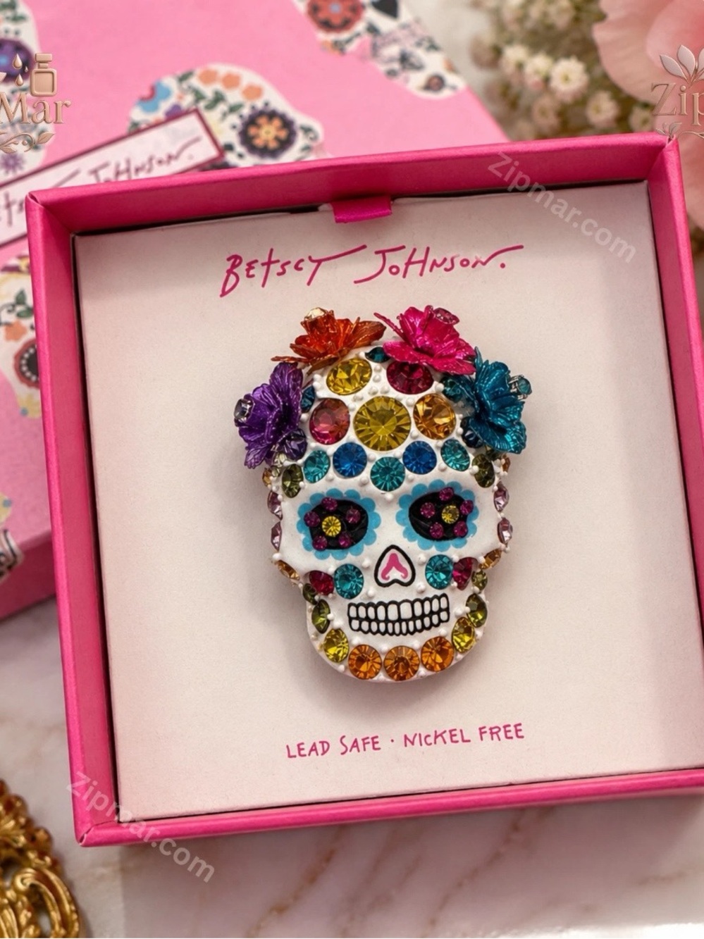 Betsey Johnson Rhinestone Sugar Skull Brooch “Day of the Dead” Floral Pin NWT